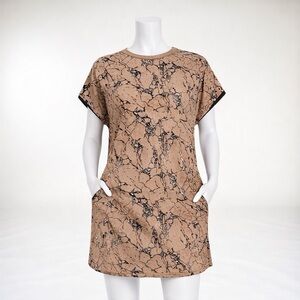 Short Sleeve Taupe Marble-Print Shift Dress